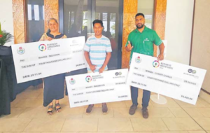 Winners of the TOPEX 2024 BizPitchComp Noreen Billings of Noleen’s Project Management, left, Chris Vanualailai of ESP and Wayne Fuakilau of TrashBoom Pacific. Picture: SUPPLIED