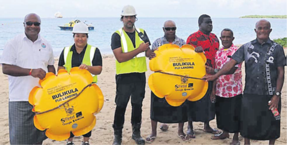 Deputy Prime Minister and Minister for Trade Manoa Kamikamica (left) is joined by representatives from the land-owning unit at Natadola, Fiji National Provident Fund, Google team, and other key stakeholders as they welcome the arrival of the Bulikula Subsea Cable to Natadola. Picture: MINISTRY OF TRADE