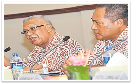 FNPF general manager Member Services, Alipate Waqairawai, left, and CEO Viliame Vodonaivalu at the FNPF members’ forum on Tuesday night in Suva. Picture: JONACANI LALAKOBAU