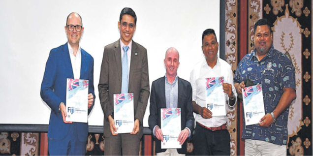 (L-R) Australian High Commission Acting Deputy Head of Mission to Fiji Andrew Sherperd, PS Trade Shaheen Ali, Pacific Digital Economy program regional program manager Chad Morris, Vodafone Fiji’s head of E-commerce Shailendra Prasad and FCEF chief executive Edward Bernard. Picture: KATA KOLI