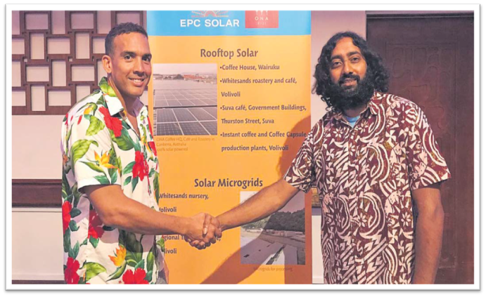 EPC Solar commercial manager Lucas Sena, left, and ONA Fiji director Maheer Prasad at last week’s MoU signing at the Sheraton Fiji Golf & Beach Resort in Denarau, Nadi. Picture: MALEVIS KUMAR