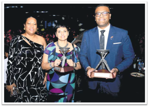 Team Fiji Airways (from left) Vara Natuilagilagi, Kamal Haer and Joeli Qereqeretabua with the Training & Development Award and the Destination Marketing Award during the ANZ Fiji Excellence in Tourism Awards 2024 at Sheraton Fiji Golf & Beach Resort, Denarau, Nadi. Picture: BALJEET SINGH