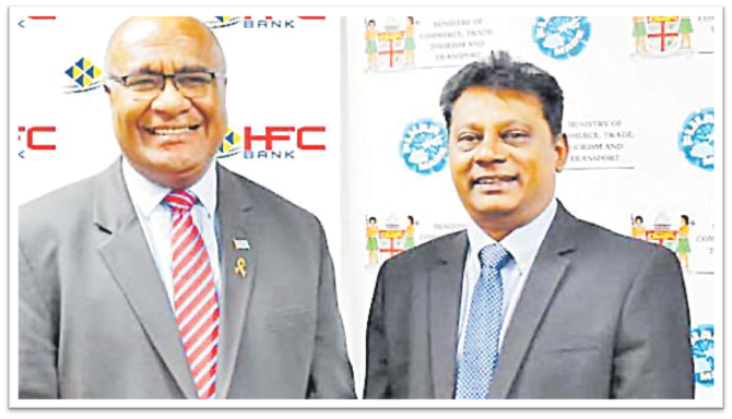 Deputy PM and Minister for Trade Manoa Kamikamica and HFC Bank CEO Rakesh Ram. Picture: SUPPLIED
