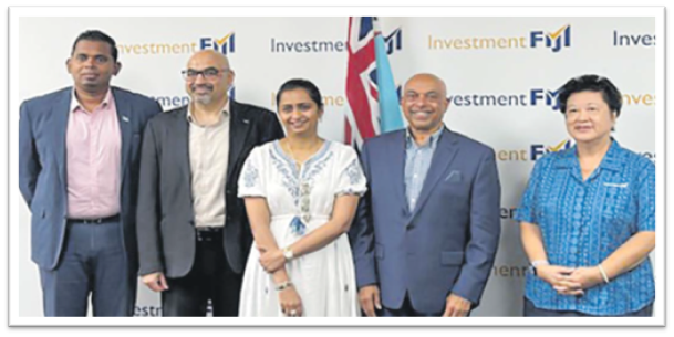 Investment Fiji CEO Kamal Chetty, Laul Global Ventures CEO Sanjay Laul, Tejal Laul, financial and investment specialist Sashi Singh and Investment Fiji chairperson Jenny Seeto after the press conference in Suva yesterday. Picture: JOSEFA SIGAVOLAVOLA