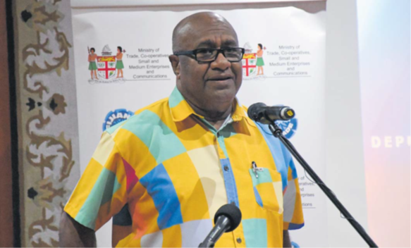 Deputy Prime Minister and Minister for Trade, Cooperatives, MSMEs and Communication Manoa Kamikamica delivers his address at the launch of the National E-Commerce Strategy at the Suva Civic Centre lower auditorium on Tuesday. Picture: KATA KOLI