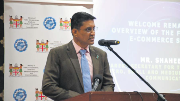 Ministry of Trade permanent secretary Shaheen Ali speaks at the launch of the National E-Commerce Strategy in Suva on Tuesday. Picture: KATA KOLI