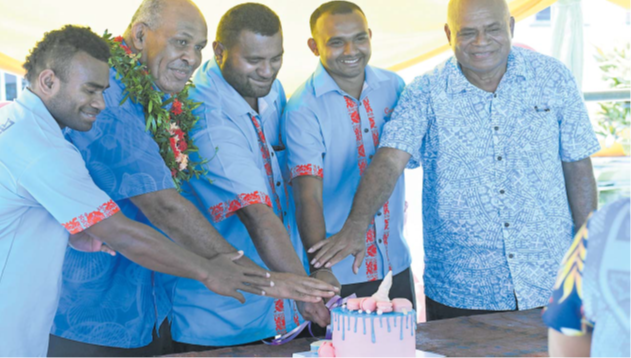 L-R: Fiji 7s rugby legend and Cagivou Supermarket brand ambassador Jerry Tuwai, iTaukei Affairs Minister Ifereimi Vasu, Vunivalu of Serua and co-owner Ratu Tevita Latianara, co-owner Vineet Singh, Serua Provincial Council chairman Tevita Boseiwaqa at the opening of Cagivou Supermarket last Friday. Picture: JONA KONATACI
