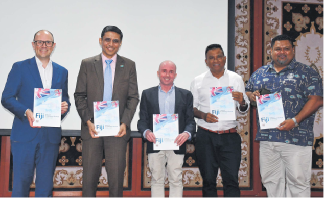 (L-R) Australian High Commission Acting Deputy Head of Mission to Fiji Andrew Sherperd, PS Trade Shaheen Ali, Pacific Digital Economy program regional program manager Chad Morris, Vodafone Fiji’s head of E-commerce Shailendra Prasad and FCEF chief executive Edward Bernard. Mr Ali said while the opportunities were vast, there were barriers and challenges that had hindered e-commerce growth in Fiji. Picture: KATA KOLI