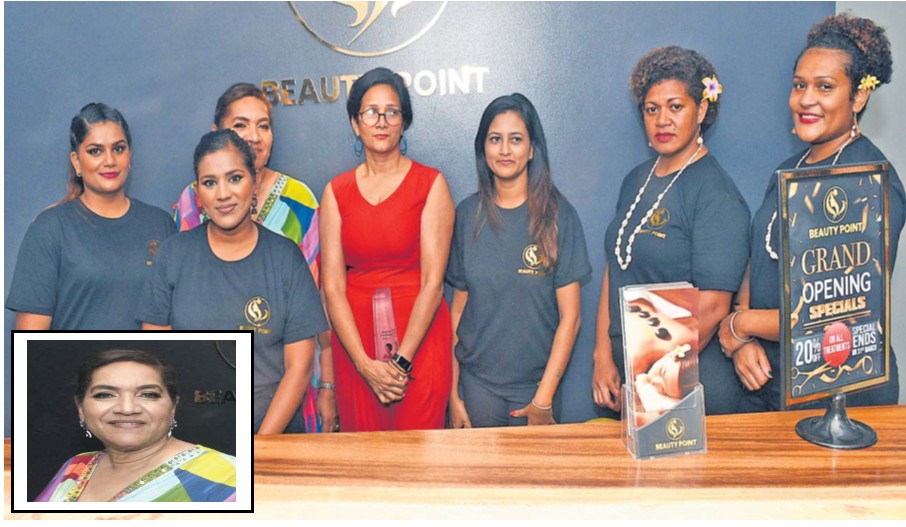 Beauty Point owner, Nancy Hopkins, third from left, Sakthi Gopal, fourth from left, and staff members of Beauty Point during the opening of their new outlet at Karsanji St in Vatuwaqa, Suva on Thursday. Inset: Nancy Hopkiins. Picture: JONACANI LALAKOBAU