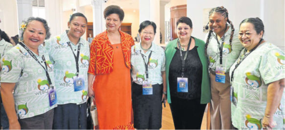 L-R: WIN 2025 organising committee chair Sharyne Fong, Mele Wakolo, immediate past chair of WEBC and now Permanent Secretary for Women, Children and Social Protection Eseta Nadakuitavuki, Lorraine Seeto, Jyoti Maharaj, Patricia Naisara and WEBC chair Vera Chute pose for a group photo yesterday. Picture: JOSEFA SIGAVOLAVOLA
