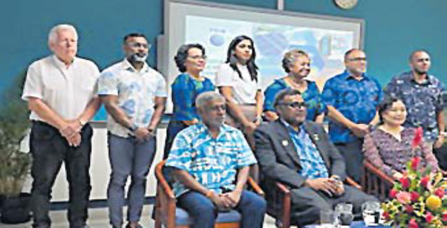 Assistant Minister for Finance Esrom Immanuel (front middle), FDB board chairman Damend Gounder (lfront left) and UNDP Resident Representative Munkhtuya Altangerel (front right), FDB chief executive Filimoni Waqabaca (back - second from right) pictured with FDB board members and executives at the launch of the FDB Sustainable Blue Financing Framework at the FDB headquarters in Suva yesterday. Picture: FDB