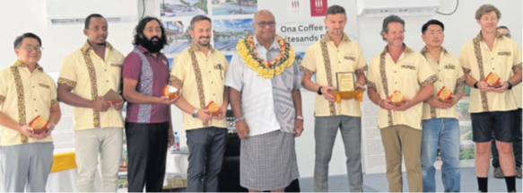 ONA Coffee CEO Maheer Prasad (third from left) and Trade Minister Manoa Kamikamica with the delegation from ONA Coffee pictured after the launch of ONA Coffee last Friday. Picture: JOSEFA SIGAVOLAVOLA