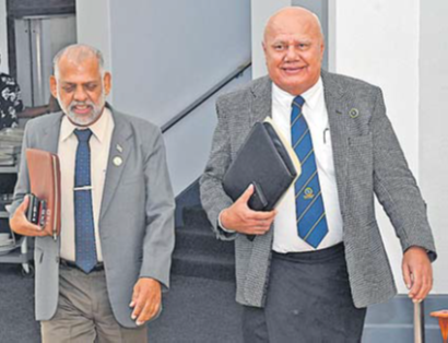 Minister for Employment Agni Deo Singh with DPM and Minister for Tourism Viliame Gavoka in Parliament last Friday. Picture: JONACANI LALAKOBAU
