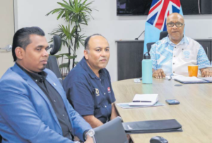 DPM and Minister for Trade Manoa Kamikamica during the meeting with Investment Fiji CEOKamal Chetty (left) and Punjas Group executive Chetan Punja in Suva last week.
Picture: SUPPLIED/MINISTRY OF TRADE