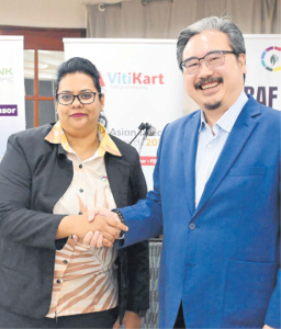BAF assistant general manager Nitika Singh, left, and Capital Insurance chief executiveofficer David Ariff Chan, right, at the launch of the BAF MSME conference in Suva last week.