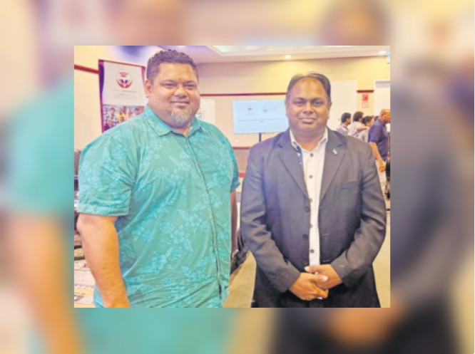 [R-L] TSLS chief executive officer Hasmukh Lal and FCEF chief executive Edward Bernard after the graduation formalities at the GPH in Suva. Picture: JOSEFA SIGAVOLAVOLA