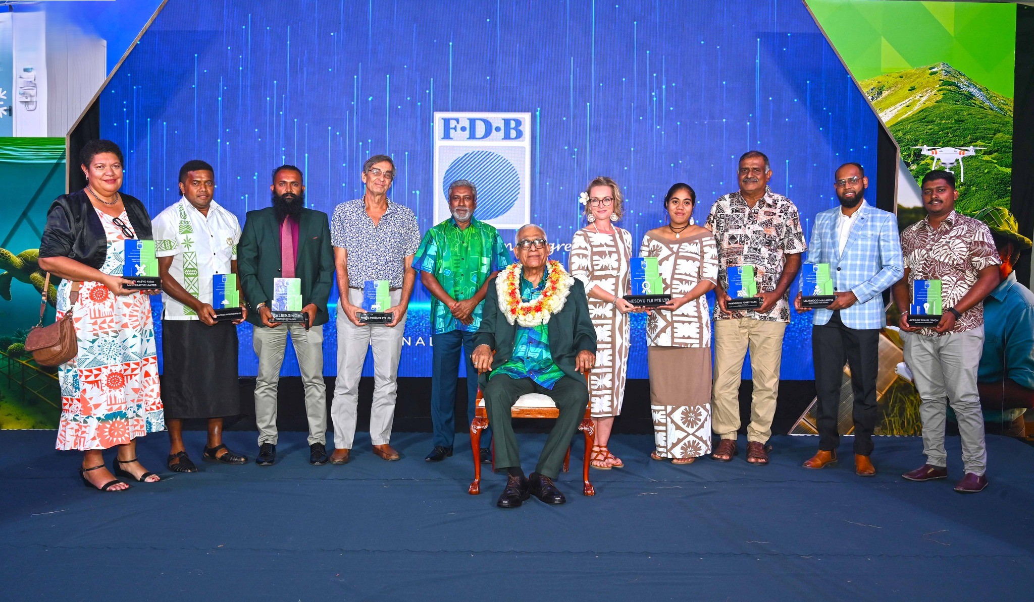 President Naiqama Lalabalavu [seated], FDB chairman Damend Gounder (standing, fifth from left) with the winners of the 2024 FDB NSME awards. Picture: FIJI GOVERNMENT