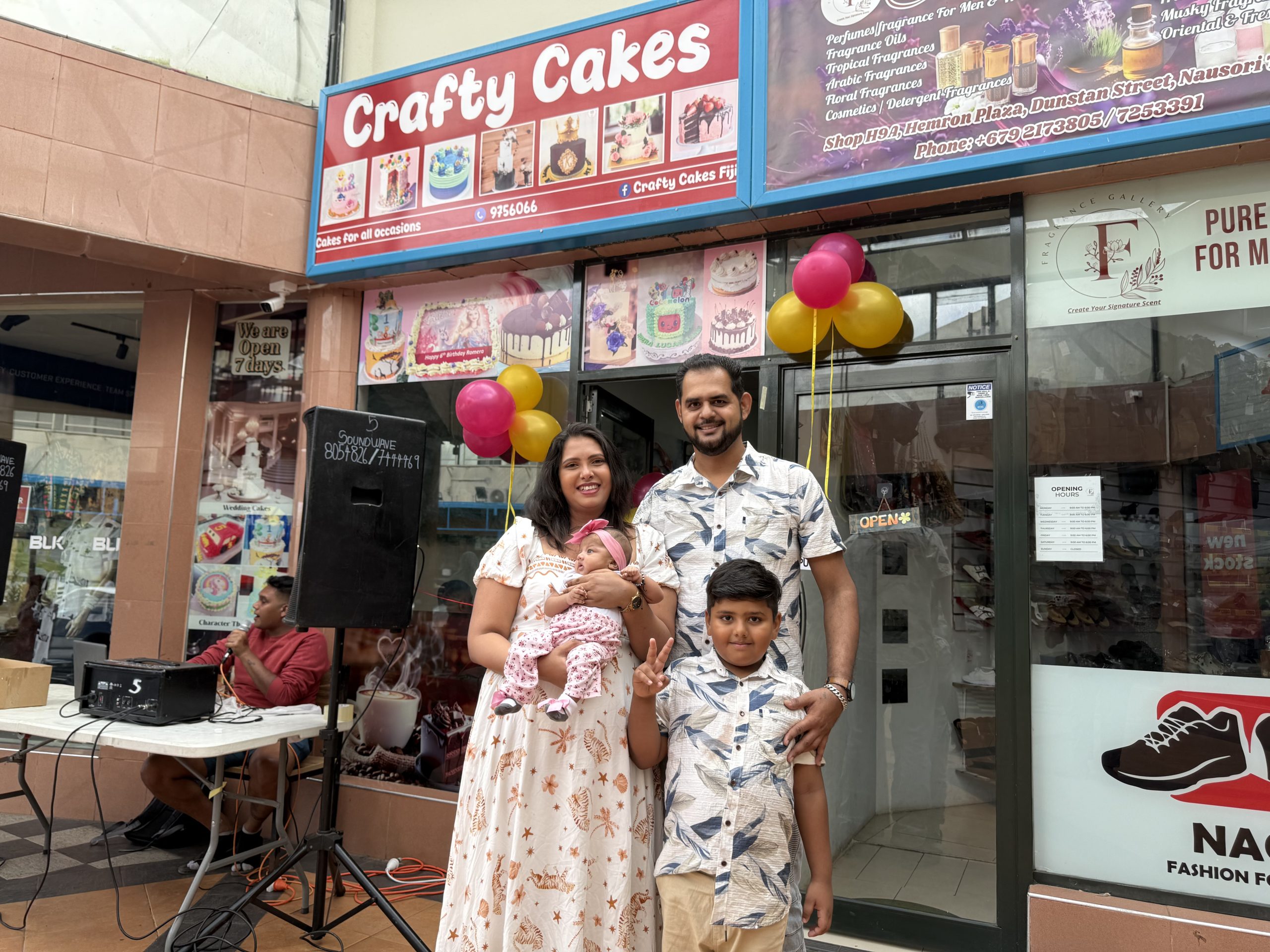 Crafty Cakes owners Alka Ranjani and Suneet Prakash with their children, two-month-old Samaira and Ryan, 5, in front of their newlyopened shop in Nausori last Saturday. Picture: JOSEFA SIGAVOLAVOLA