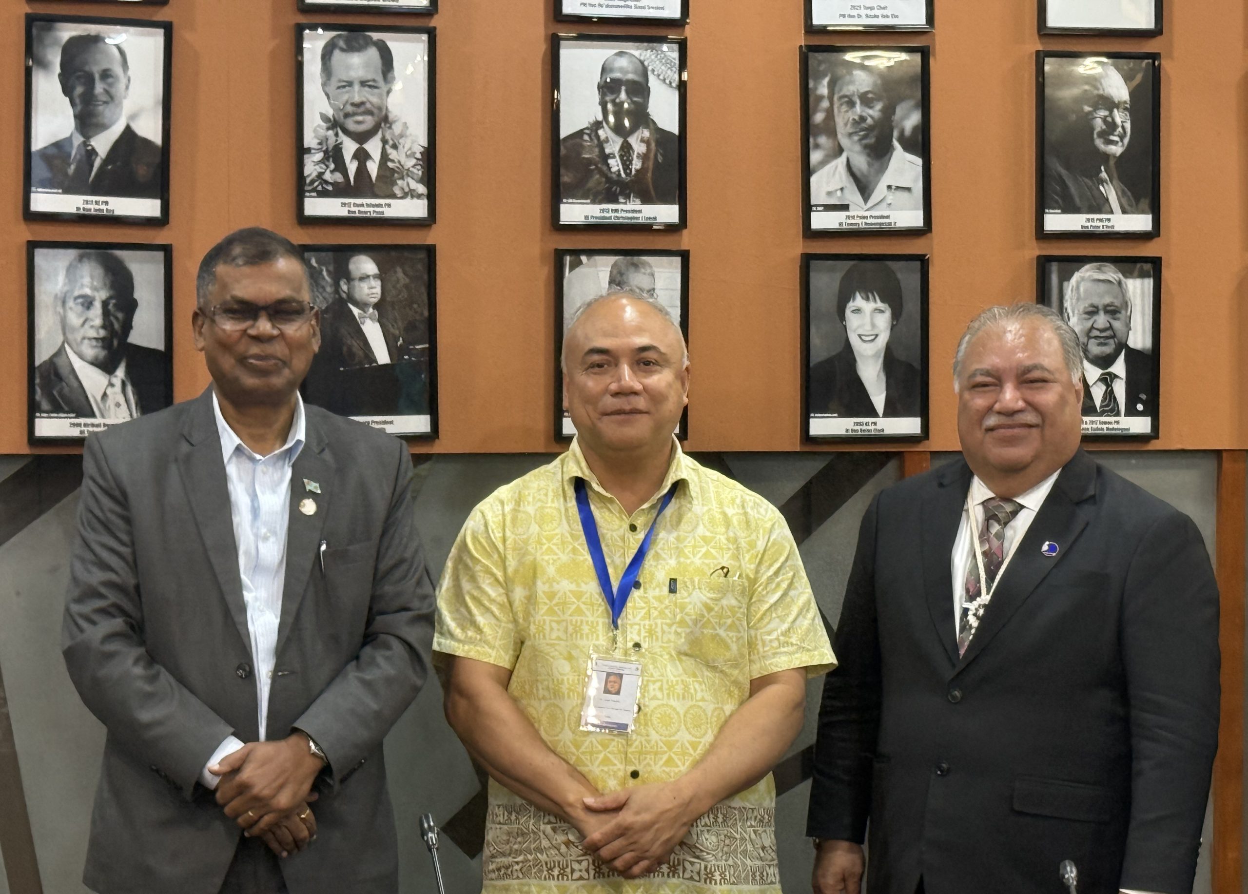 L-R: Fiji’s Deputy Prime Minister and Minister of Finance Professor Biman Prasad, Prime Minister of Tonga and chair of Forum Economic Ministers Meeting 2025 (FEMM) Dr Aisake Eke, and PIF secretary general Baron Waqa. Picture: JOSEFA SIGAVOLAVOLA