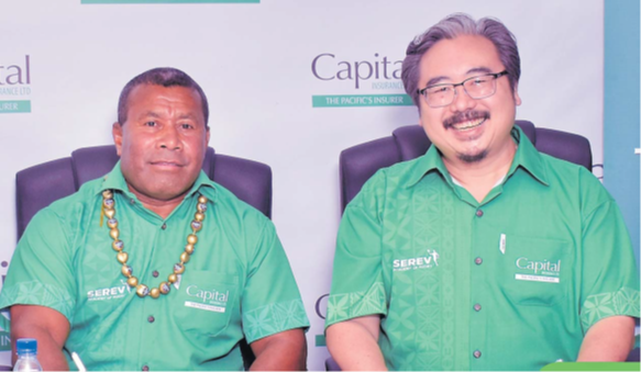 Rugby legend Waisele Serevi and Capital Insurance Ltd CEO David Chan at the event in Suva to announce Serevi as the company’s official Brand Ambassador. Picture: SUPPLIED