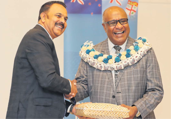 New Zealand Fiji Business Council (NZFBC) president Chandra Sen and Deputy PM and Minister for Trade Manoa Kamikamica at the Fiji Business Forum that started at the Novotel Hotel Lami Bay yesterday. Picture: SUPPLIED/INVESTMENT FIJI