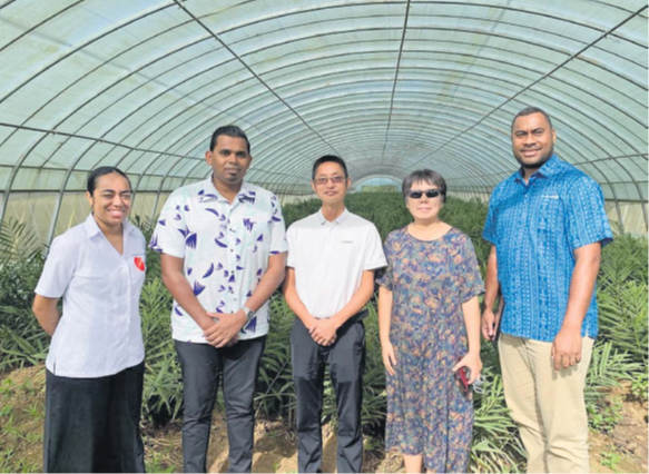 Liu, fourth from left, with representatives from Investment Fiji including Investment Fiji CEO Kamal Chetty, second from left, in one of Vinaka Farm’s greenhouses. Picture: INVESTMENT FIJI
