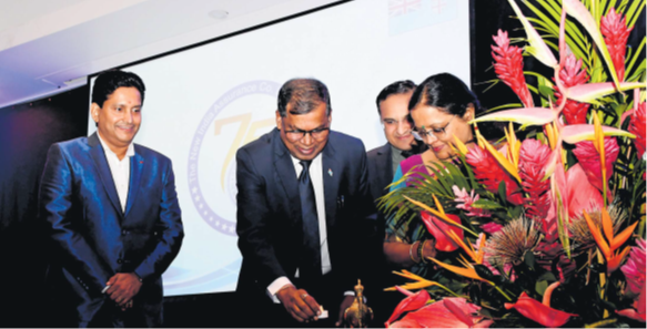 (L-R): New India Assurance Fiji COO Madhu Elayath, DPM and Minister of Finance Prof Biman Prasad, Indian High Commissioner to Fiji Suneet Mehta, and Chairman-cum-Managing Director of New India Assurance Girija Subramanian light the diya at NIA’s 75th celebration at the GPH in Suva on Wednesday night. Picture:: JONA KONATACI