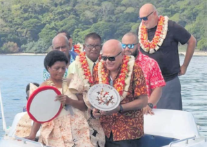 DPM and Minister for Tourism and Civil Aviation Viliame Gavoka holdinga Counting Coral sculpture to place at the Castaway Island Fiji Resort Coral Gene Bank at Qalito Island. Picture: ELENA VUCUKULA