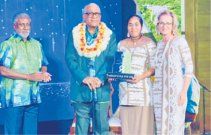 Mesovu operations manager Elizabeth Koini, right, and productions manager Sinalei Fatiaki, third from left, receive the awards from President Ratu Naiqama Lalabalavu, second from left, and FDB board chairman Damend Gounder, left, on behalf of Mesovu. Picture: JOSEFA SIGAVOLAVOLA