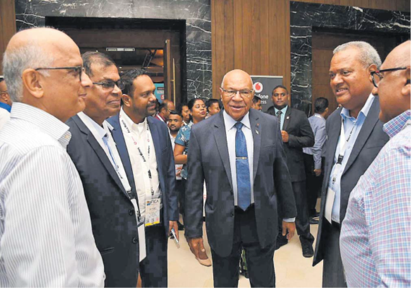 FICA past president Nalin Patel (left), DPM and Finance Prof Biman Prasad, FICA vice president Sharvek Naidu, PM Sitiveni Rabuka, FICA president Wiliki Takiveikata and Nitin Gandhi at the FICA Congress 2025 in Nadi. Picture: REINAL CHAND