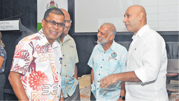 Finance Minister Prof Biman Prasad, left, shares a light moment with DPM and Minister for Trade Manoa Kamikamica, Employment Minister Agni Deo Singh and FCEF president Vinay Narsey, right, after a post budget breakfast organised by FCEF at the Grand Pacific Hotel in Suva on Saturday. Picture: JONACANI LALAKOBAU
