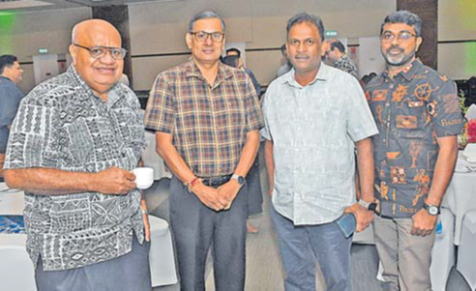 FRCS chairman Malakai Naiyaga, left, with business delegates Shalvin Prasad, Vinod Kumar and Saman Singh at the post-budget business breakfast. Picture: JONACANI LALAKOBAU