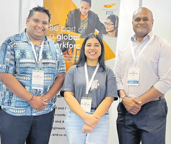 L-R: Outsource Fiji marketing and communications consultant Pravin Narain, manager Corporate Affairs Shivika Patel, and executive director Josefa Wivou at the Fiji Showcase booth. Picture: SUPPLIED