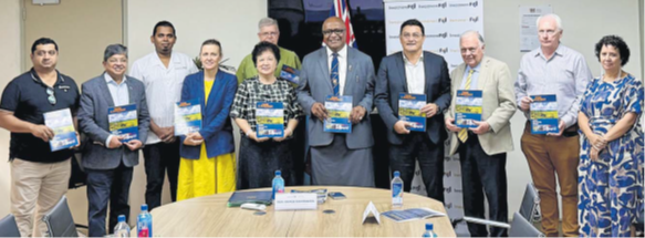 Members of the Fiji-Australia Business Council, Investment Fiji and Islands Business Magazine with Minister for Trade Manoa Kamikamica (centre) who officiated the launch of the event. Picture: JOSEFA SIGAVOLAVOLA