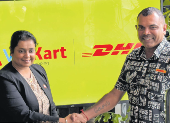 Vodafone Fiji’s head of Brands, Marketing and Digital Saleshni Chand, left, and DHL Fiji and Pacific country manager Sarvesh Devan at the partnership announcement of their new international shipping option this week. Picture: JOSEFA SIGAVOLAVOLA