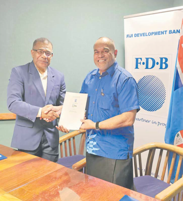 PRB general manager Timoci Naleba, left, with FDB CEO Filimone Waqabaca at the signing of the MOU early this week. Picture: SUPPLIED