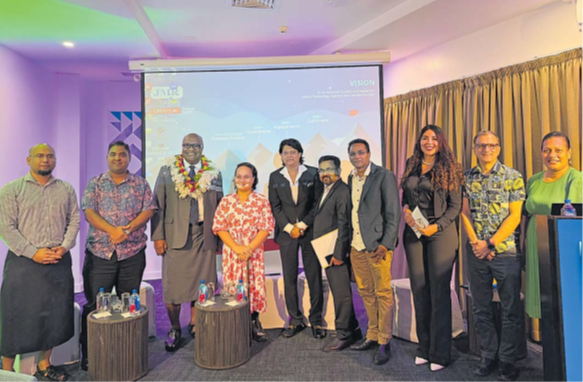 Deputy Prime Minister and Minister for Trade Manoa Kamikamica (third from left) and JMR founder Dr Jayafar Moidu (fifth from left) with representatives from the country’s banking and financial sectors at the official launch of JMR Infotech at the Tanoa Plaza in Suva. Picture: JOSEFA SIGAVOLAVOLA