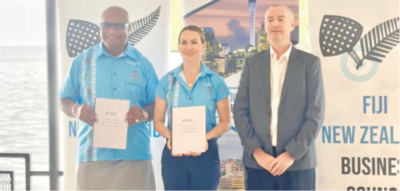 L-R: Deputy Prime Minister and Minister for Trade Manoa Kamikamica, New Zealand’s Minister for Women and Associate Minister for Trade Nicola Grigg and FNZBC president James Trusler. Picture: JOSEFA SIGAVOLAVOLA
