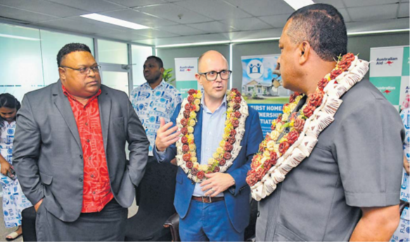 Australian High Commission in Fiji Development Counselor Andrew Shepherd (middle) chats with Minister for Housing Maciu Nalumisa (right) and permanent secretary Manasa Lesuma at the launch of the First Home Ownership Portal in Suva on Thursday. Picture: ELIKI NUKUTABU
