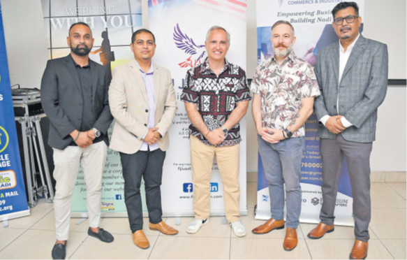 L-R: Nadi Chamber of Commerce & Industry (NCCI) board member Sumeet Prasad, president Lawrence Kumar, APAC Advisors founder and CEO Steven Okun, Fiji USA Business Council president Constantine Panayiotou and NCCI board member Ashfaaq Khan during the NCCI and Fiji-USA Business Council joint business networking event held at the Tanoa Skylodge Hotel in Nad yesterday. Picture: REINAL CHAND