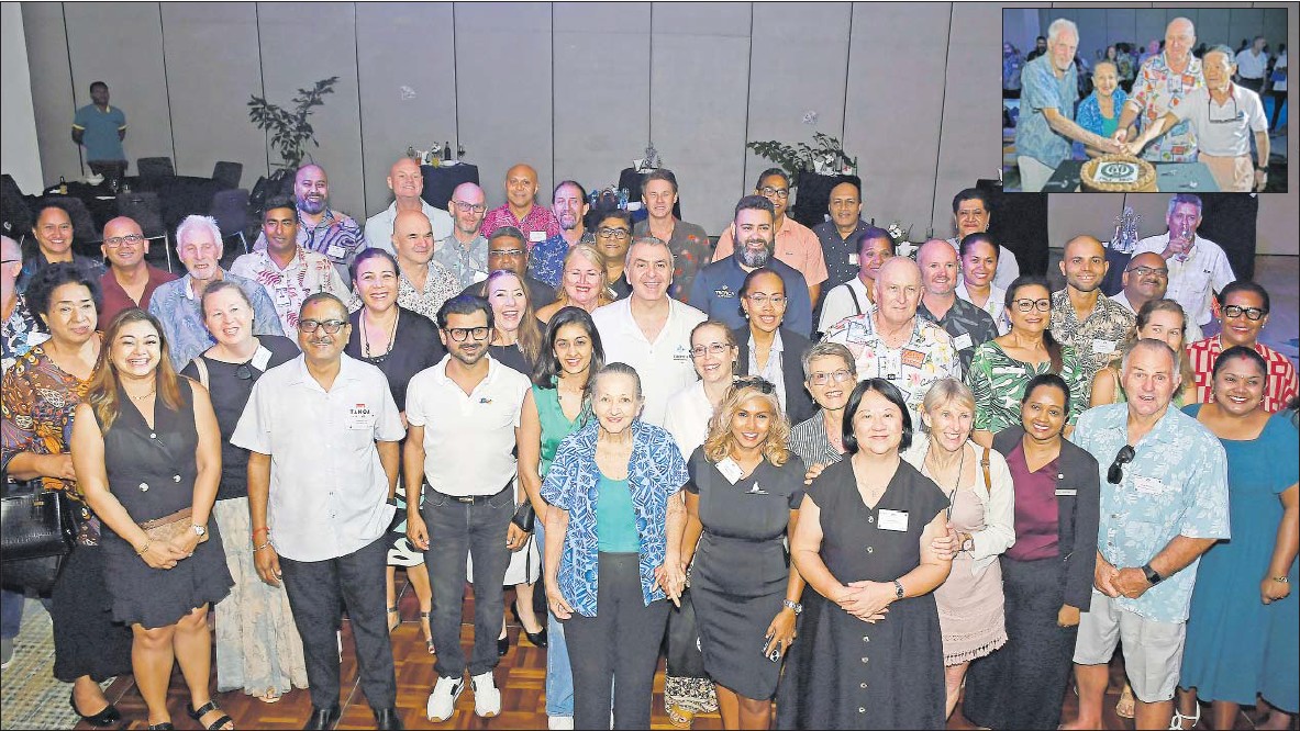 Fiji Hotel and Tourism Association members along with stakeholders during the FHTA 60th year anniversary cocktail at Sheraton Fiji Golf & Beach Resort, Denarau, Nadi. Inset: Inset: Michael Dennis Snr (left) with Lorraine Evans, Robert Wade and Patrick Wong cut the cake for the 60th year anniversary. Picture: BALJEET SINGH