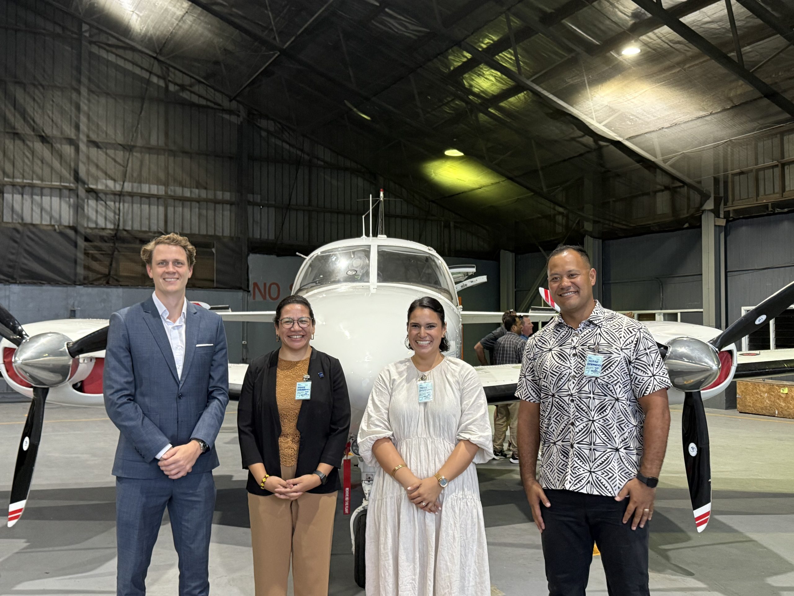 L-R: ADB investment manager Fredrik Helsingen, ADB project analyst Kadia Lutubula and Kahuto Pacific Founders Jonina Wetzell and Christopher Saili with the customised aircraft that will be used to provide MDS. Picture: JOSEFA SIGAVOLAVOLA