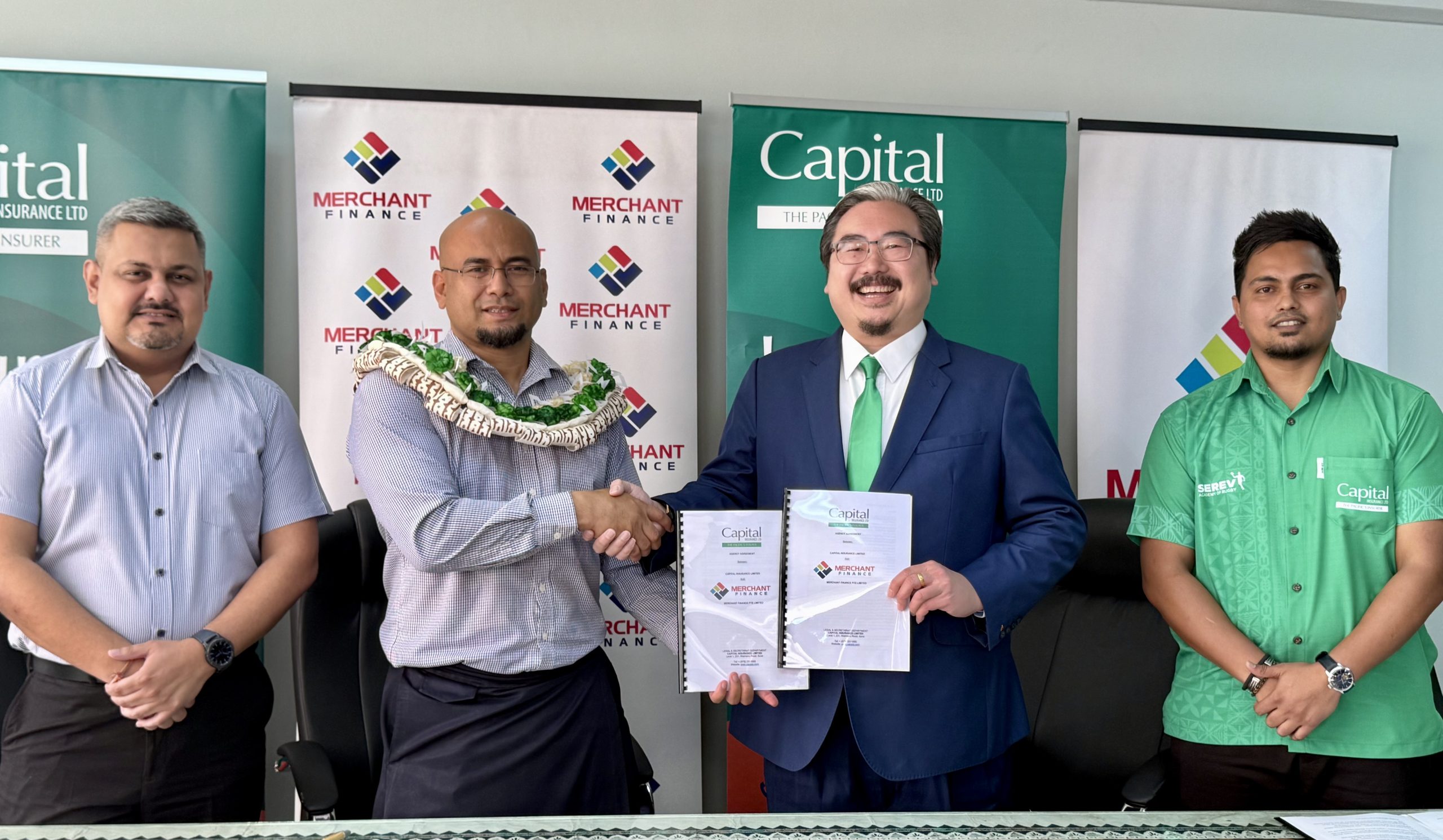 L-R: Merchant Finance general manager central Mitesh Kumar, Merchant Finance CEO Veilawa Rereiwasaliwa, Capital Insurance Ltd CEO David Ariff Chan and Capital Insurance marketing and business development manager Bhavik Chand at the signing of the partnership in Suva yesterday. Picture: JOSEFA SIGAVOLAVOLA