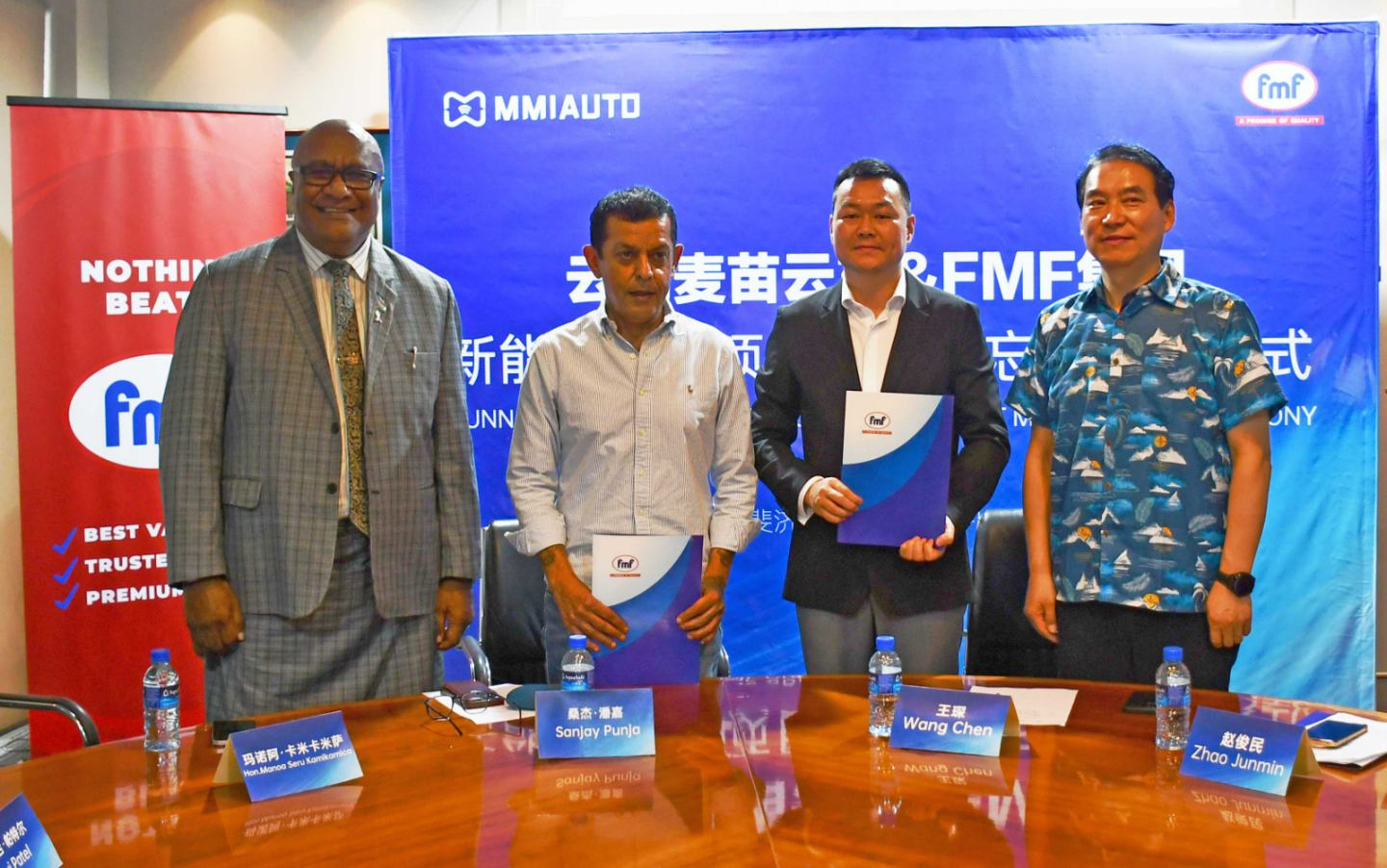 DPM and Trade Minister Manoa Kamikamica, FMF managing director and CEO Sanjay Punja , Maimiao Auto Chairman Wang Chen, Executive Vice Governor of Yunan Province Zhao Junmin pictured after the signing. Picture: SUPPLIED