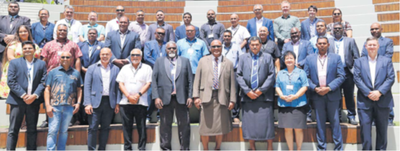 Fiji’s Deputy Prime Minister and Minister for Trade Manoa Kamikamica (front row, sixth from left) with delegates from Fiji and Papua New Guinea during the March 2025 Fiji mission to PNG. Picture: SUPPLIED/INVESTMENT FIJI
