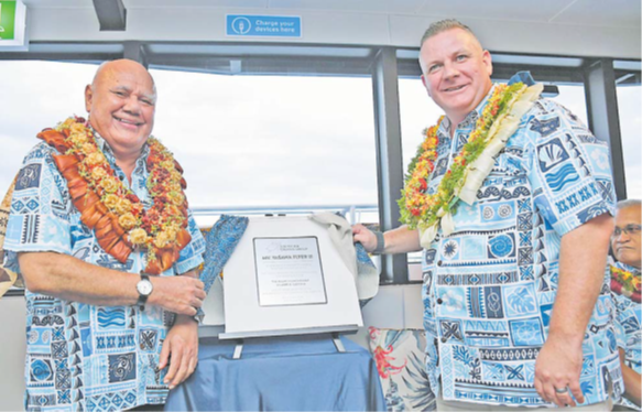 Minister for Tourism Viliame Gavoka and (left) South Sea Cruises CEO Brad Rutherford jointly commission the Yasawa Flyer III. Picture: REINAL CHAND