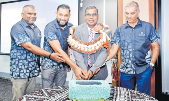 Manager RAFIT Rohitesh Dass, left, cuts the cake with Director Corporate Service Shavindra Nath, Finance Minister Professor Biman Prasad and FRCS CEO Udit Singh during the launch of the Compliance Improvement Stategy in Suva. Picture: KATA KOLI