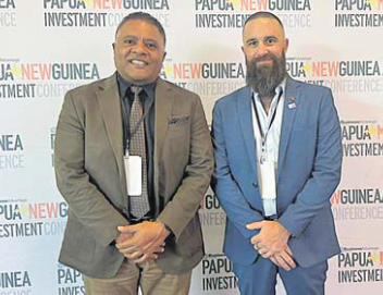 Lightspeed Fiji country general manager Dovi Kanaimawi, left, and TE Pacific’s Robbie Huxley at the PNG Investment Summit held in Brisbane on Monday. Picture: SUPPLIED