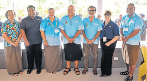 Rosie Travel Group executive management team from left: RoseWhitton-Cavu, Mikhail Whitton, Adeline Lee-Erasito, Deputy
Prime Minister Viliame Gavoka, Rosie Travel Group managing
director Tony Whitton, creative director Brigid Whitton and
general manager Eroni Puamau. Picture: SUPPLIED