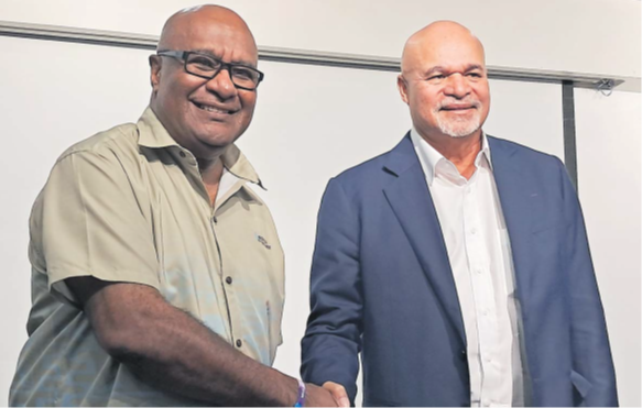 Deputy PM and Minster for Trade Manoa Kamikamica, left, with PNG’s Deputy PM and Minister for Lands John Rosso at the Fiji-PNG Investment Business Forum 2025 held at the Nalagi Hotel in Nadi on Thursday. Picture: ELENA VUCUKULA